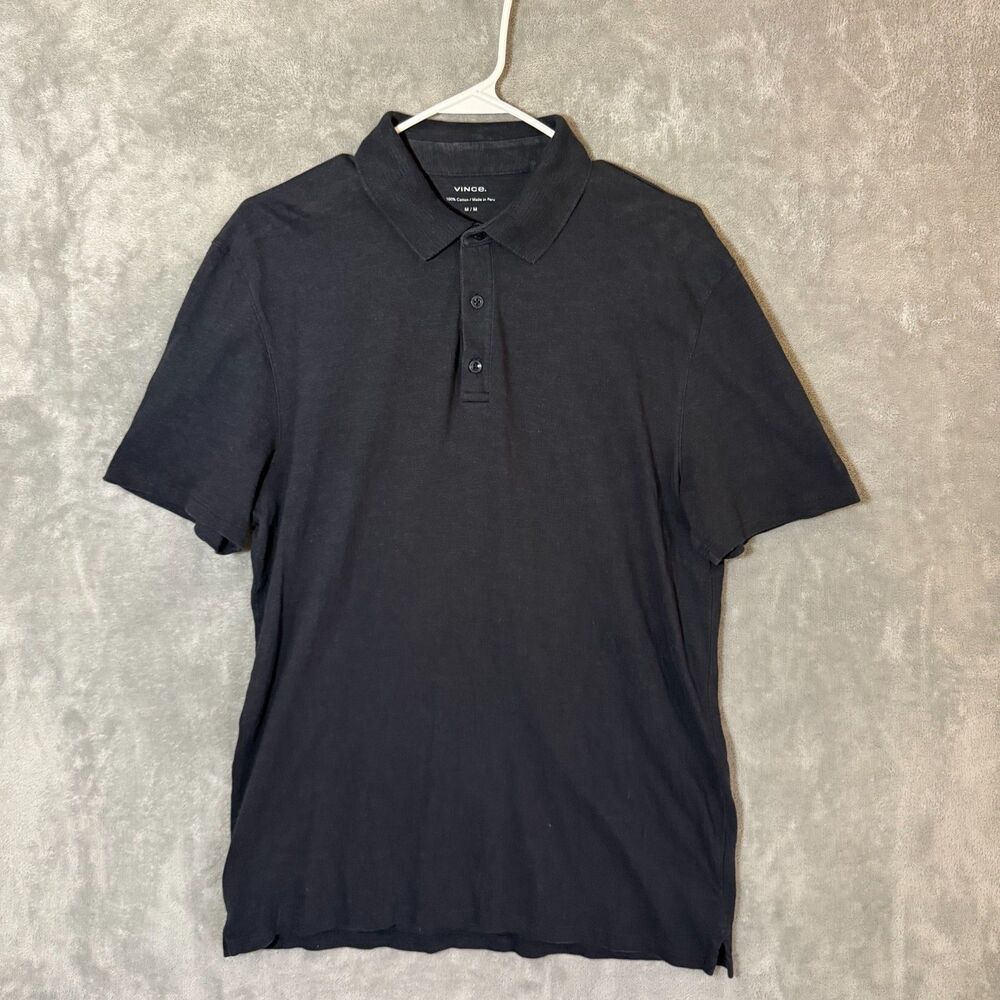 Vince Men's M Solid Black Polo Shirt 100% Cotton Short Sleeve Quiet Luxury